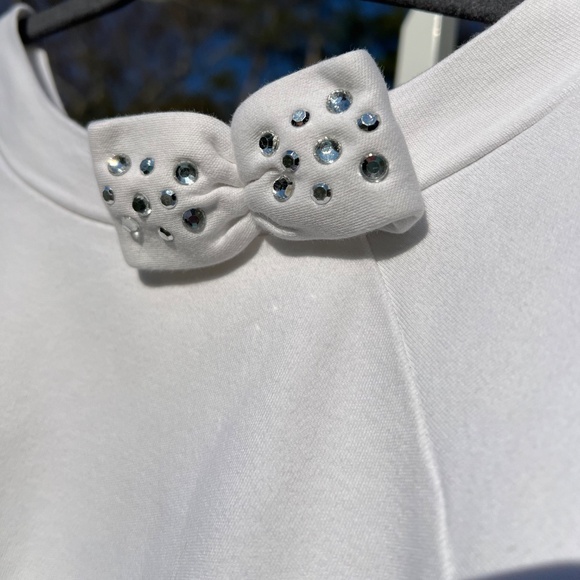 Boat Neck Top w/ Three-Quarter Cuffed Sleeves & Sequin Decorated Bow at Neck - Picture 2 of 14